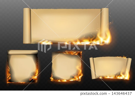 Old burning paper scrolls and sheets with fire and embers on a transparent background Old burning paper scrolls and sheets with fire and embers on a transparent background 143646437
