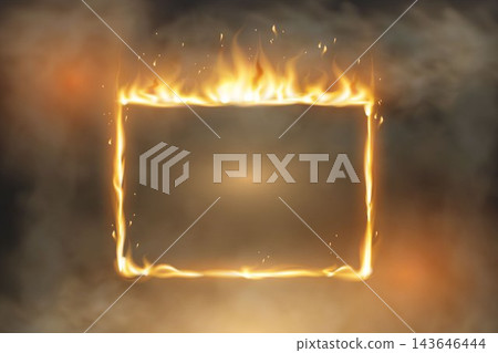 Fire forming a glowing rectangular frame surrounded by smoke and embers Fire forming a glowing rectangular frame surrounded by smoke and embers 143646444
