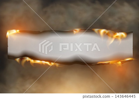 Blank paper sheet burning with orange flames and smoke, showing destruction concept 143646445