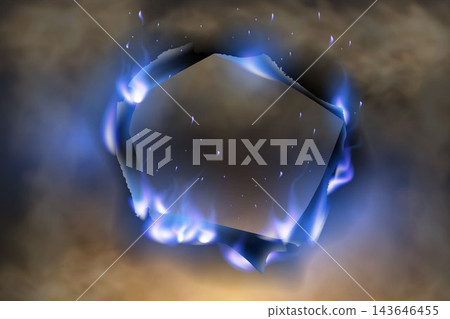 Abstract square shape engulfed in blue flames and smoke, creating a powerful dynamic effect 143646455