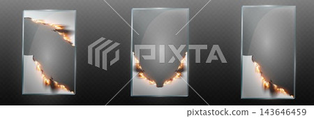 Set of glass panels presenting paper edges consumed by fire with transparent background Set of glass panels presenting paper edges consumed by fire with transparent background 143646459