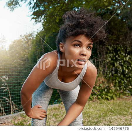 Black woman, rest and outdoor with breathing for fitness, exercise and wellness as sports goal. Girl, vision and cardio by road with rest or commitment for health, workout or marathon training 143646776