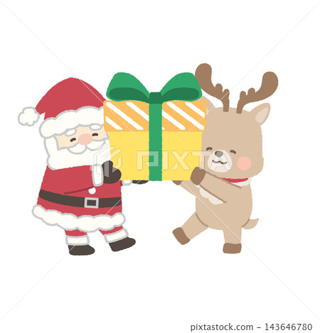 Santa and his reindeer carrying a big present Santa and his reindeer carrying a big present 143646780