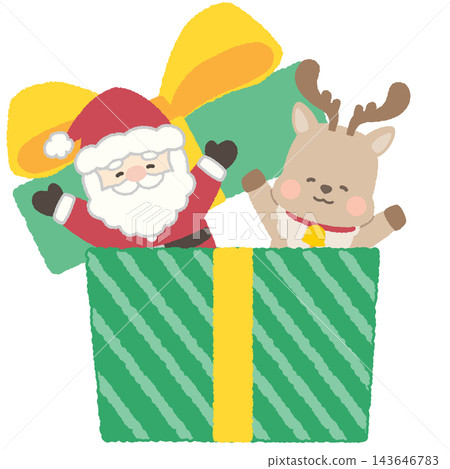 Santa and reindeer peeking out from a giant present Santa and reindeer peeking out from a giant present 143646783
