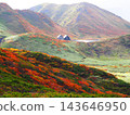 A mountain hut on Mount Akita-Komagatake, nestled amidst the autumn foliage. 143646950