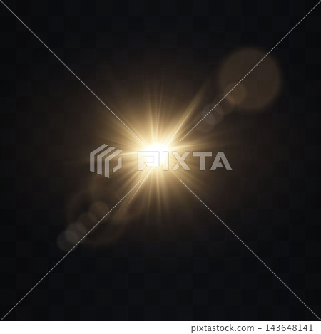 Golden lens flare with sunburst effect on transparent background Golden lens flare with sunburst effect on transparent background 143648141