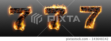 Number 7 letters blazing with fire and a cracked surface on a transparent background Number 7 letters blazing with fire and a cracked surface on a transparent background 143648142