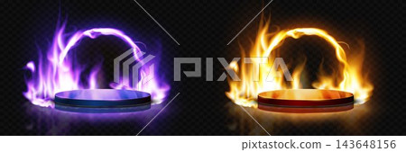 Two glowing circular podiums with mystic fire effects on a transparent background Two glowing circular podiums with mystic fire effects on a transparent background 143648156