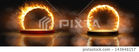 Product display stages featuring circular rings of fire and smoke effect Product display stages featuring circular rings of fire and smoke effect 143648157