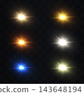 Collection of bright lens flares creating glowing light effects on dark transparent background 143648194