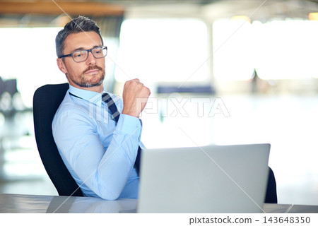 Laptop, mature and business man in office for research, website and internet for stock trading news. Corporate, professional and person on computer working on online project, finance report or review Laptop, mature and business man in office for research, website and internet for stock trading news. Corporate, professional and person on computer working on online project, finance report or review 143648350