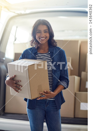 Woman, portrait and box delivery with car transportation or supply chain courier, package or distribution. Female person, face and parcel with vehicle for supplier logistics, online shopping or order Woman, portrait and box delivery with car transportation or supply chain courier, package or distribution. Female person, face and parcel with vehicle for supplier logistics, online shopping or order 143648362
