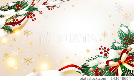 A Christmas background decorated with snowflakes, red berries, and ribbons. Vector illustration with text space. A Christmas background decorated with snowflakes, red berries, and ribbons. Vector illustration with text space. 143648664