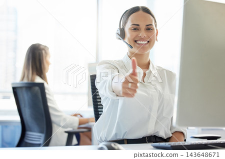Portrait, call center and woman with thumbs up in office for communication, customer service or CRM. Headset, contact us and consultant at desk for counselling, immigration support or legal advice Portrait, call center and woman with thumbs up in office for communication, customer service or CRM. Headset, contact us and consultant at desk for counselling, immigration support or legal advice 143648671