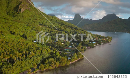 Moorea island vibrant coastal village nestled at the base of dramatic green mountains and dense tropical jungle, with clear South Pacific waters extending into the bay. Aerial view drone flight 143648853