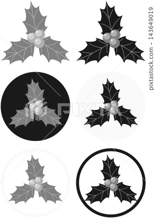 Holly icon illustration complete set of variations / Christmas materials including standard, round background, and circular frame. Holly icon illustration complete set of variations / Christmas materials including standard, round background, and circular frame. 143649019