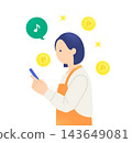 一位家庭主婦高興地用智慧型手機查看她的積分餘額。圖中是她上半身的側面像，顯示她正在透過各種賺取積分的活動累積積分。 143649081