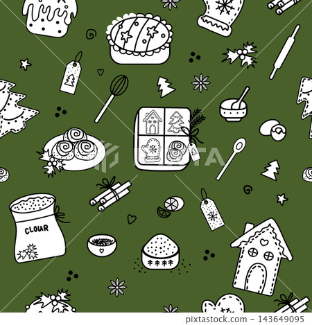 Christmas seamless pattern with black and white doodle baking elements on a green background Christmas seamless pattern with black and white doodle baking elements on a green background 143649095