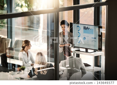 Business meeting, people and budget review with speaker, data analytics and statistics for company report. Presenter, teamwork and financial audit with fintech for graphs and communication in office 143649377
