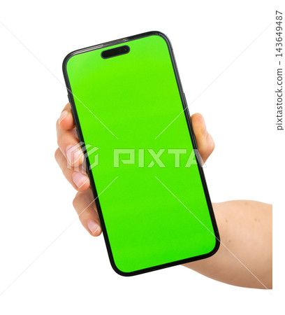 Chroma key green screen phone gripped by hand, isolated on white background. Fingers hold tilted smartphone frame, blank display template for app or website. Vertical mockup, modern mobile Chroma key green screen phone gripped by hand, isolated on white background. Fingers hold tilted smartphone frame, blank display template for app or website. Vertical mockup, modern mobile 143649487