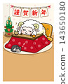 A heartwarming New Year's card featuring a sheep and a cat sleeping under a kotatsu (heated table). 143650180