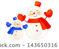 A hand-drawn watercolor-style illustration of a pair of blue and red snowmen, one large and one small. 143650316