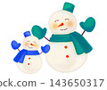 A hand-drawn watercolor-style illustration of a pair of blue and green snowmen, one large and one small. 143650317
