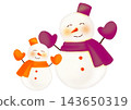 A hand-drawn watercolor-style illustration of a pair of orange and purple snowmen, one large and one small. 143650319