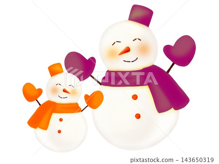 A hand-drawn watercolor-style illustration of a pair of orange and purple snowmen, one large and one small. A hand-drawn watercolor-style illustration of a pair of orange and purple snowmen, one large and one small. 143650319