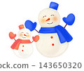 A hand-drawn watercolor-style illustration of a pair of large and small pink and blue snowmen. 143650320