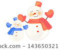 A hand-drawn watercolor-style illustration of a pair of snowmen, one large and one small, in light blue and pink. 143650321