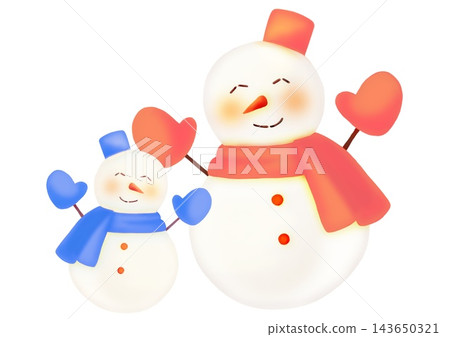 A hand-drawn watercolor-style illustration of a pair of snowmen, one large and one small, in light blue and pink. A hand-drawn watercolor-style illustration of a pair of snowmen, one large and one small, in light blue and pink. 143650321