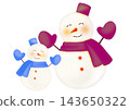 A hand-drawn watercolor-style illustration of a pair of snowmen, one large and one small, in light blue and purple. 143650322