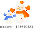 A hand-drawn watercolor-style illustration of a pair of snowmen, one large and one small, in light blue and orange. 143650323