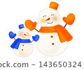 A hand-drawn watercolor-style illustration of a pair of blue and orange snowmen, one large and one small. 143650324