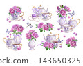 Watercolor clipart set of pink peonies, floral tea set, macarons, pearls, lavender bows, butterflies and a dragonfly. Ideal for wedding invitations, greeting cards, tea party decor and stationery 143650325