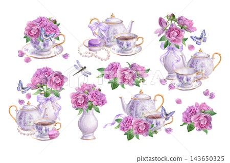 Watercolor clipart set of pink peonies, floral tea set, macarons, pearls, lavender bows, butterflies and a dragonfly. Ideal for wedding invitations, greeting cards, tea party decor and stationery Watercolor clipart set of pink peonies, floral tea set, macarons, pearls, lavender bows, butterflies and a dragonfly. Ideal for wedding invitations, greeting cards, tea party decor and stationery 143650325