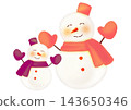 A hand-drawn watercolor-style illustration of a pair of purple and pink snowmen, one large and one small. 143650346