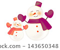 A hand-drawn watercolor-style illustration of a pair of large and small pink and purple snowmen. 143650348