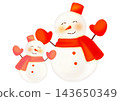 A hand-drawn watercolor-style illustration of a pair of pink and red snowmen, one large and one small. 143650349