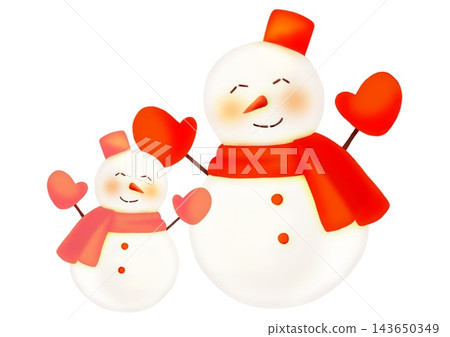 A hand-drawn watercolor-style illustration of a pair of pink and red snowmen, one large and one small. A hand-drawn watercolor-style illustration of a pair of pink and red snowmen, one large and one small. 143650349