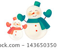 A hand-drawn watercolor-style illustration of a pair of pink and green snowmen, one large and one small. 143650350