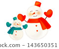 A hand-drawn watercolor-style illustration of a pair of large and small green and red snowmen. 143650351