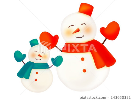 A hand-drawn watercolor-style illustration of a pair of large and small green and red snowmen. A hand-drawn watercolor-style illustration of a pair of large and small green and red snowmen. 143650351