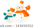 A hand-drawn watercolor-style illustration of a pair of large and small green and orange snowmen. 143650352