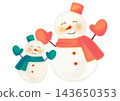 A hand-drawn watercolor-style illustration of a pair of large and small green and pink snowmen. 143650353