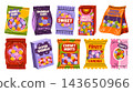 A variety of colorful packagings and designs wrappers for confectionery, sweets and gums. Set of bubble gum packets, candy wrapper, boxes with treats, candies pouch, mints packs, bags with lollipops. 143650966
