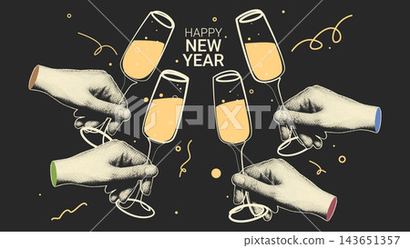Four Hands Clinking Champagne Glasses Happy New Year Illustration Four Hands Clinking Champagne Glasses Happy New Year Illustration 143651357