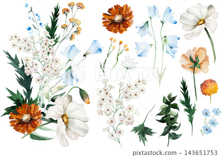 Watercolor bouquet and elements clipart with blue, ivory and orange flowers for event stationery 143651753