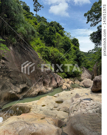 Rocky tropical stream flowing through a lush green jungle gorge Rocky tropical stream flowing through a lush green jungle gorge 143651978